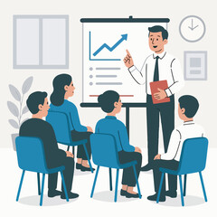 Businesspeople are in an office meeting, with a team presenting and communicating around a computer and laptop