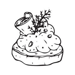 Snack drawing, restaurant cuisine, menu decoration with the crouton and pate. Small party snack. Vector illustration.