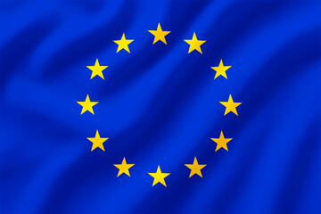 European Union flag waving in the wind with golden stars forming a circle on a deep blue background, symbolizing unity, solidarity, and harmony among European nations