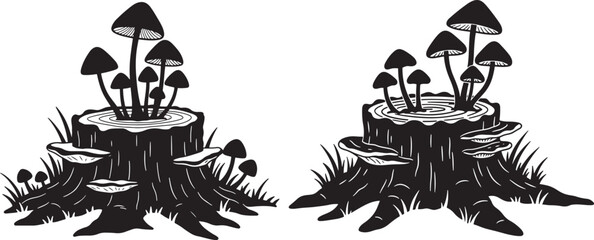 Tree Stump With Mushrooms Forest Scene Silhouette vector illustration