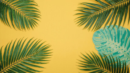 Tropical green leaves and painted monstera leaf creating a frame on yellow background