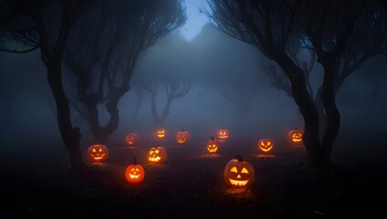 Spooky Haunted Forest at Night with Glowing Jack-o’-Lanterns and Foggy Atmosphere