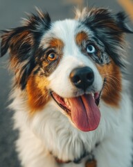 Fototapeta premium Closeup Portrait of a Happy Tricolor Australian Shepherd Puppy