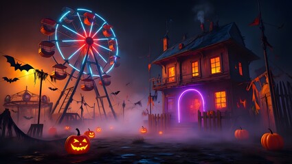Spooky Haunted Forest at Night with Glowing Jack-o’-Lanterns and Foggy Atmosphere