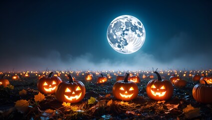 Spooky Haunted Forest at Night with Glowing Jack-o’-Lanterns and Foggy Atmosphere