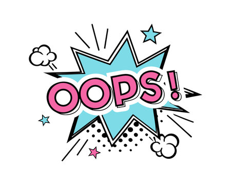 Retro comic oops speech bubble with stars and clouds vector illustration
