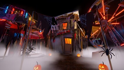 Spooky Haunted Forest at Night with Glowing Jack-o’-Lanterns and Foggy Atmosphere