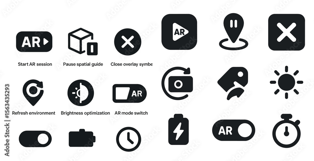 Poster collection of icons for a device that includes a camera, a timer, and a map. the icons are all black