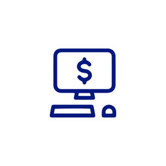 Blue outline icon of a computer displaying a dollar sign symbol