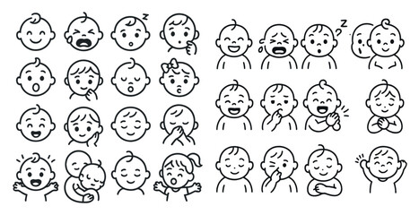 Collection of baby faces with different expressions. Some are smiling, some are crying, and some are just looking at the camera