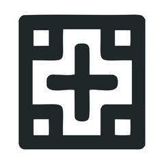 Bold black geometric maze symbol on white background