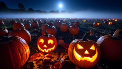 Spooky Haunted Forest at Night with Glowing Jack-o’-Lanterns and Foggy Atmosphere