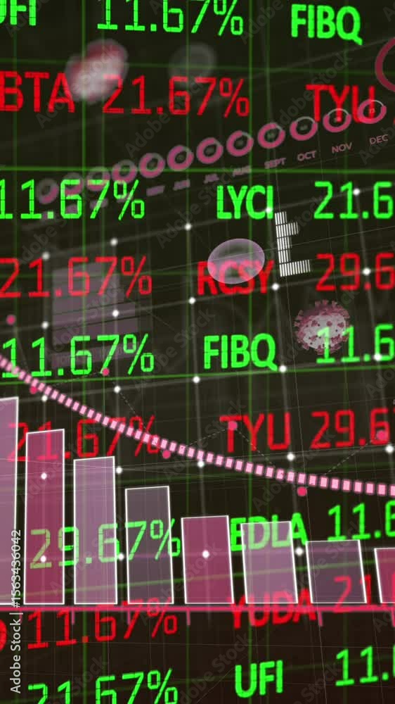 Poster Animation of financial data processing and graph over dark background