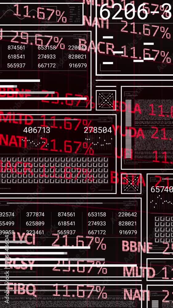 Poster animation of financial data processing over dark background