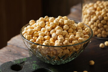 Close Up of Roasted Chickpeas on Rustic Surface as a Healthy Crunchy Snack