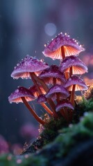 Purple Mushrooms with Dew Drops in Dark Forest