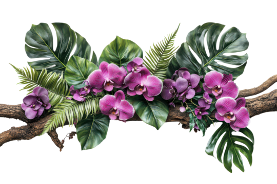Purple orchids and lush tropical foliage on a wooden branch isolated on a transparent background