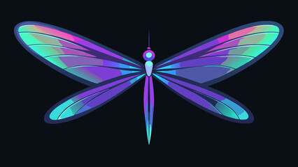 Neon dragonfly with vibrant gradient wings in purple, teal and blue on dark background