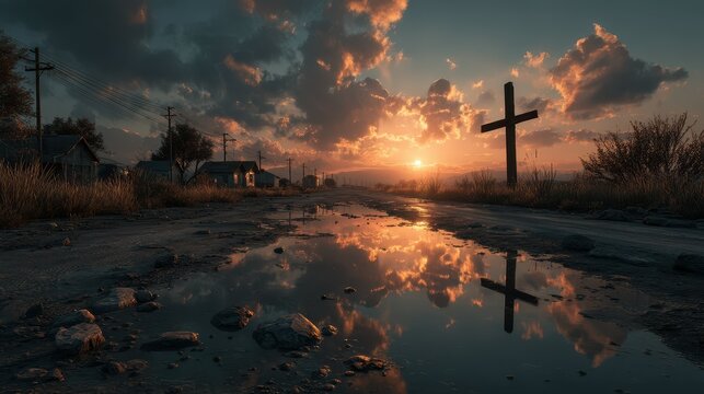 Sunset over abandoned road with cross and reflections on puddles in a desolate landscape