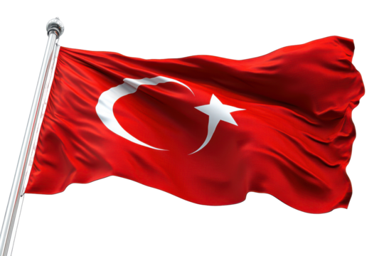 Turkish flag waving proudly on flagpole against black background, isolated on a transparent background