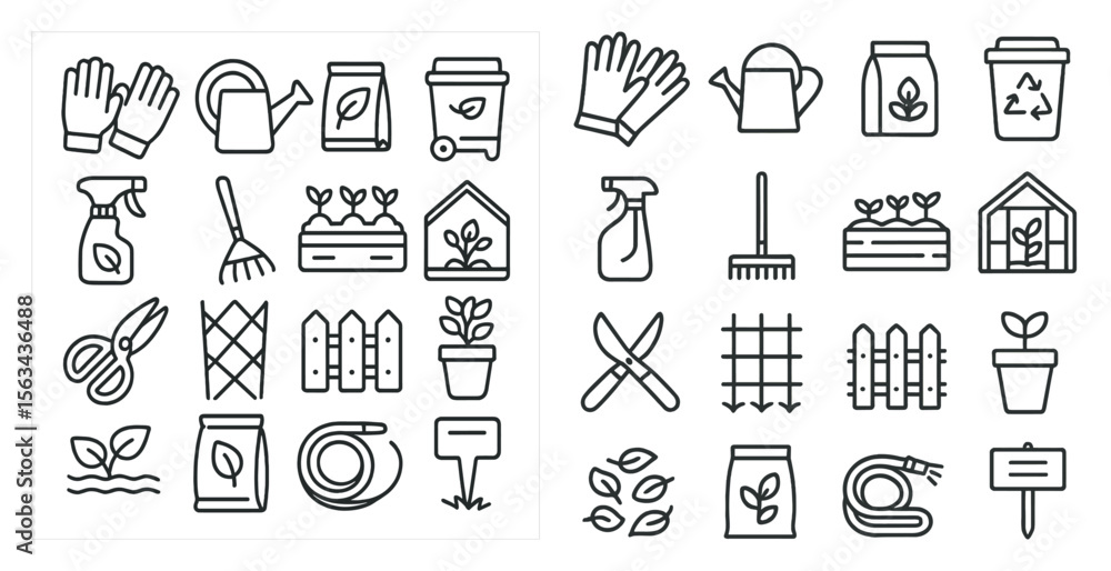 Poster set of gardening tools and supplies. the image is a collection of various items such as a watering c