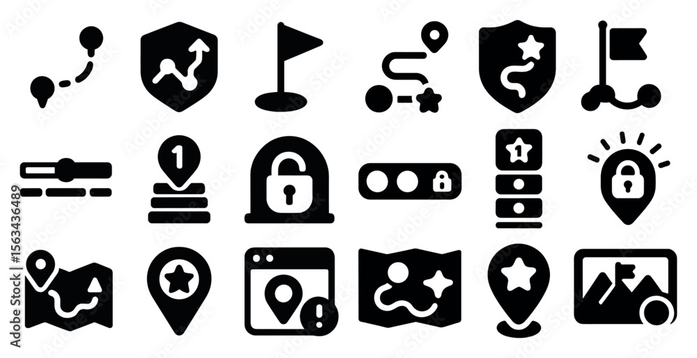Poster collection of icons for a map application. the icons include a star, a key, a shield, and a flag