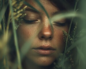 Closeup Portrait of a Woman Amidst Lush Green Foliage