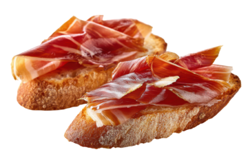 Delicious Jamon Tapas on Crusty Bread Two Slices isolated on a transparent background
