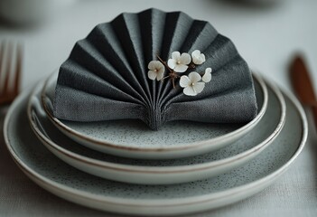 Elegantly folded dark gray paper napkin in fan shape on white plates, minimalist table setting with clean background highlighting texture.