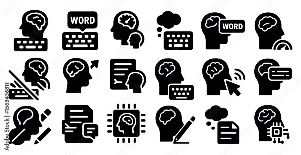 Fototapete set of black and white icons that represent different aspects of writing and communication. some of 