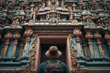 Person Viewing Ornate Teal Temple Architecture