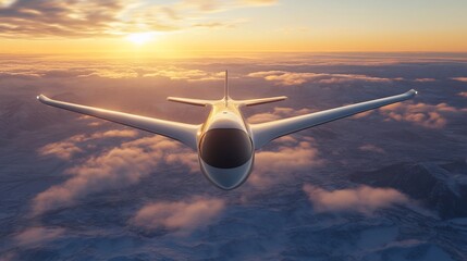 Elegant private jet flying above clouds during stunning sunset landscape