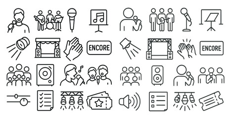 Fototapeta premium Series of icons for a concert or music event. The icons include microphones, speakers, and people. Scene is energetic and lively, with the focus on music and performance