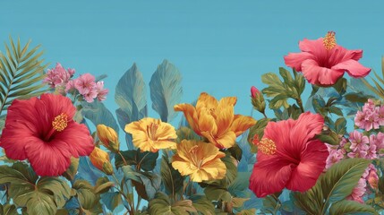 Vibrant Hibiscus and Tropical Flowers on Blue Background