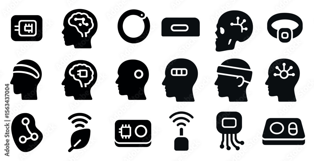 Poster collection of black and white icons that represent various technological devices and concepts. the i