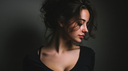 Naklejka premium Woman with dark hair and closed eyes looking downward against a dark background
