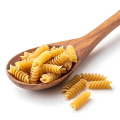 Wooden spoon filled with uncooked spiral pasta fusilli