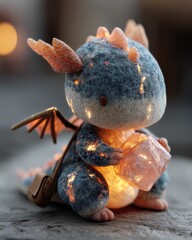 Tiny dragon holding gratitude stone, glowing peacefully with magical aura