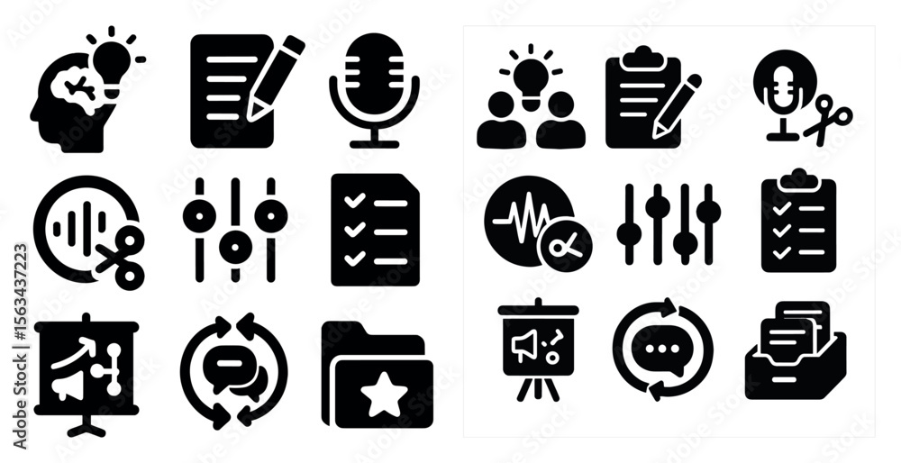 Poster set of icons for various tasks and activities. the icons include a microphone, a pair of scissors, a