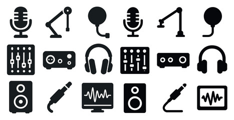 Obraz premium Collection of audio equipment icons, including microphones, headphones, and speakers. Concept of creativity and the importance of sound in various settings
