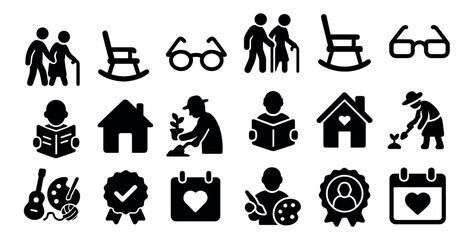 Collection of icons for various activities and objects, including a book, a house, a chair, a clock, a houseplant, a houseplant, a houseplant, a houseplant, a houseplant, a houseplant, a houseplant