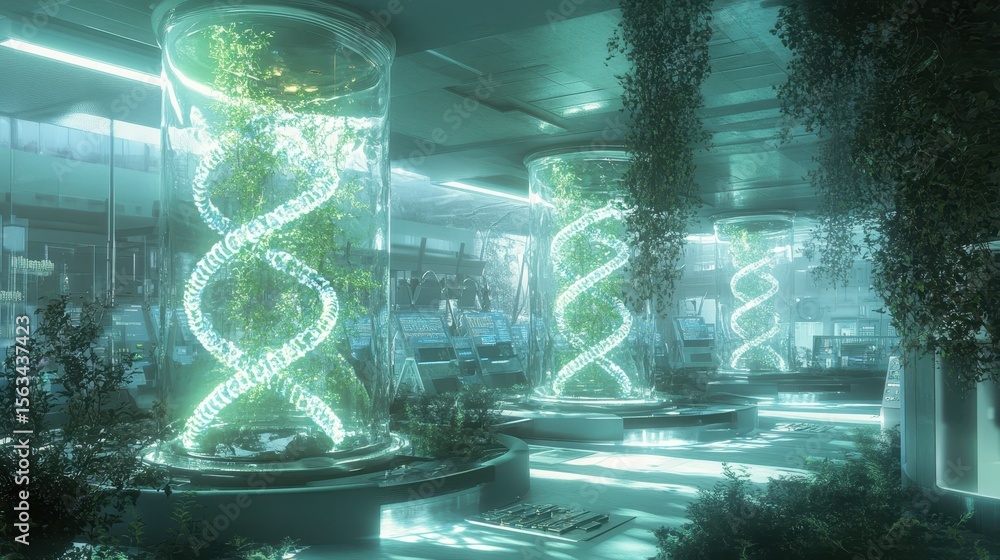 Poster futuristic biolabs featuring holographic dna models in advanced setting
