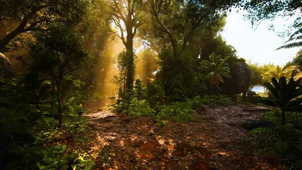 Bright sunlight streams through the thick canopy, illuminating a vibrant tropical rainforest filled with diverse plants, trees, and rich greenery, creating a serene natural atmosphere. - Powered by Adobe