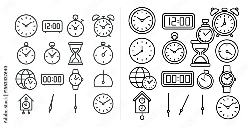 Poster the image is a collection of various clocks and timepieces, including analog and digital clocks. the