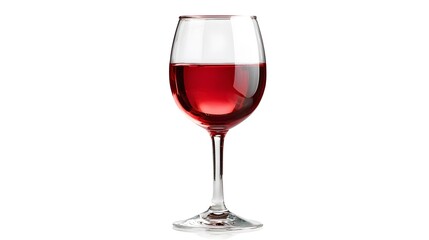 A single wine glass filled with red wine isolated on a white background.