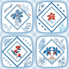 Blue summer ceramic tile seamless pattern with tropical palm tree, jungle flowers, leaves, geometric square elements. Vector beach background, rhombus ornament, botanical exotic textile design, safari