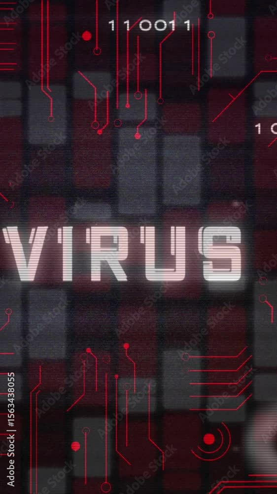 Poster animation of virus text, circuit board texture, binary codes over red and white bars in background