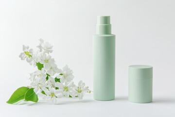 Blank cream tube, jar package plastic set. Pale mint green colors. Skin care luxurious portable on white background, soft shadow. Eco cosmetic containers, flowers. Beauty product modern packaging.