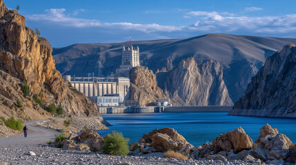 Concrete dam and hydroelectric station towering over peaceful blue reservoir, worker passing by, sunlight casting long shadows on rugged industrial surfaces, reflecting harmony of