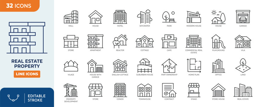 Real estate Properties icon set. Containing, Urban architecture, building, skyscraper, and more. Outline Icon Collection. Editable stroke. Vector illustration	